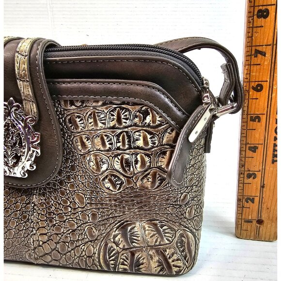 Vtg M.C. Metallic Croc Embossed Faux Leather Crossbody Bag Ornate Silver Tassel - Picture 15 of 15